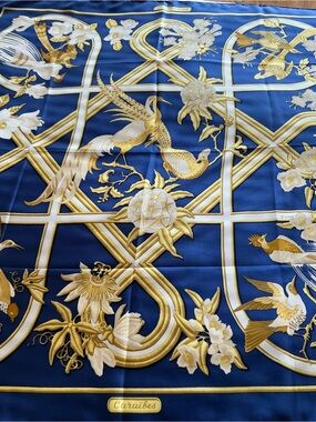 Hermes Blue and Gold 'Caraïbes' Silk Scarf